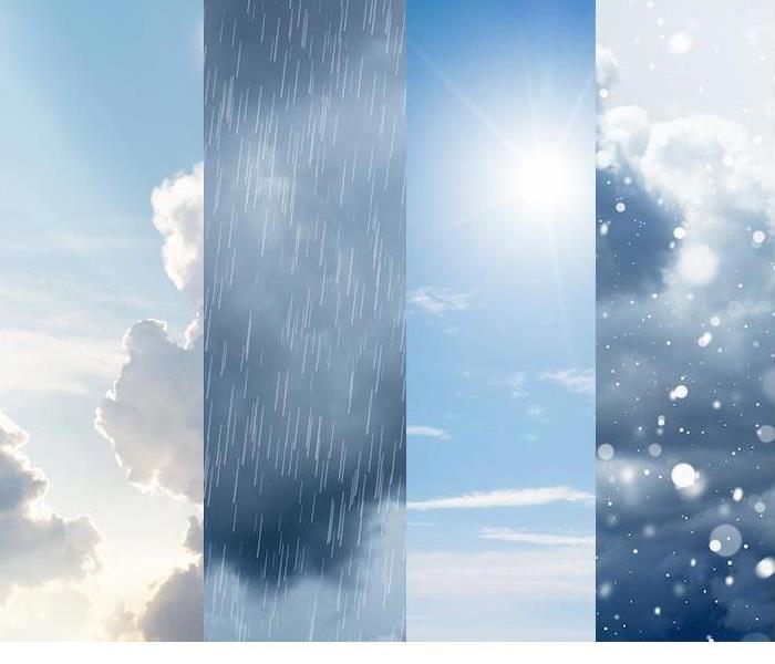an image with a cloudy, rainy, sunny and snowy sky